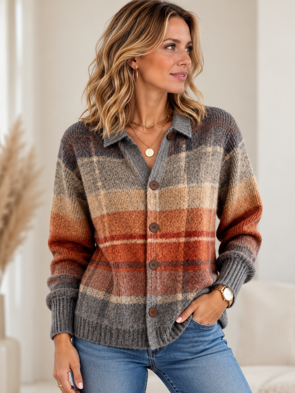 Primrose | Plaid Button-Down Cardigan with Long Sleeves for Women