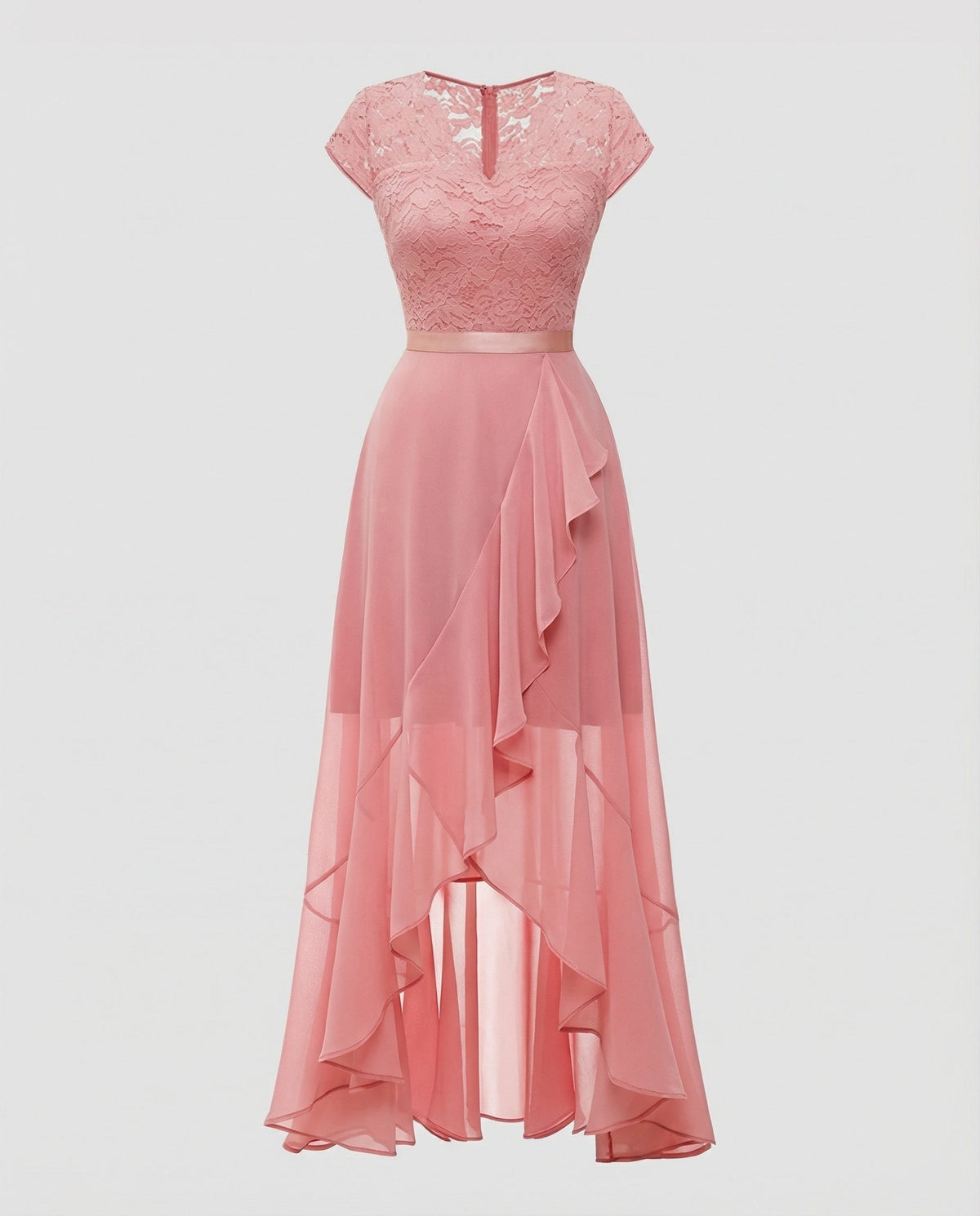 Women's Lace High-Low Dress with V-Neck and Ruffle Hem