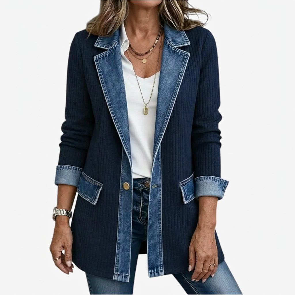 Raissa | Ribbed Knit Long Blazer with Denim Collar for Women