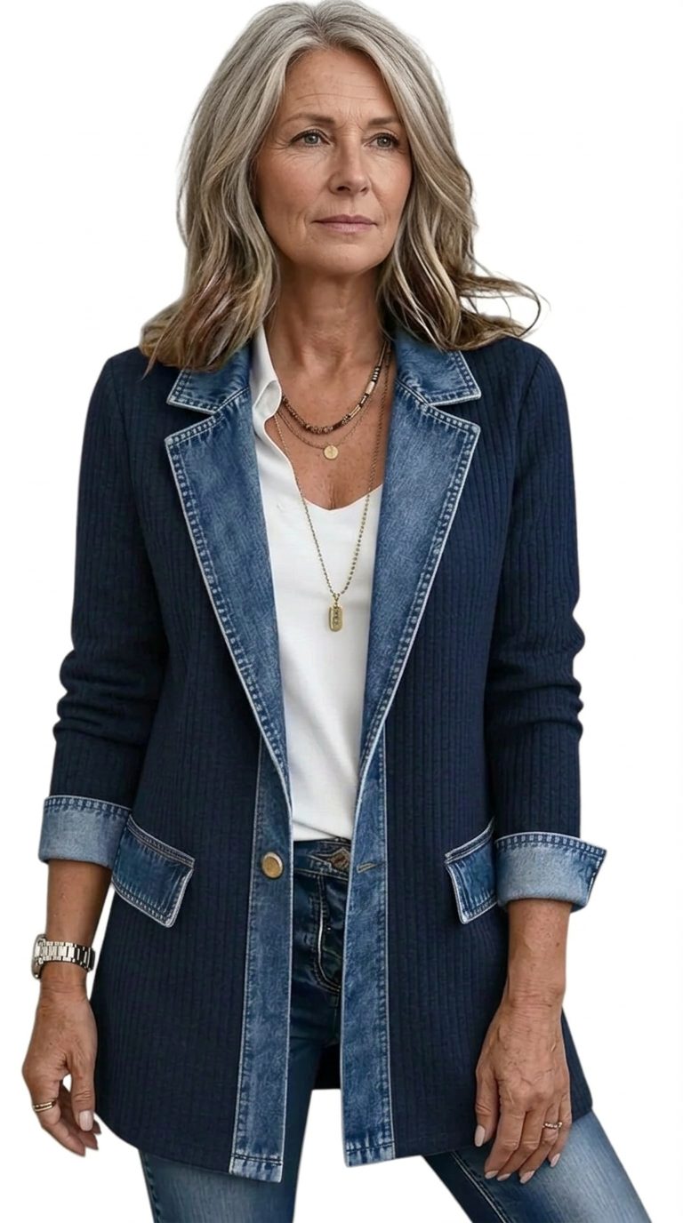 Raissa | Ribbed Knit Long Blazer with Denim Collar for Women