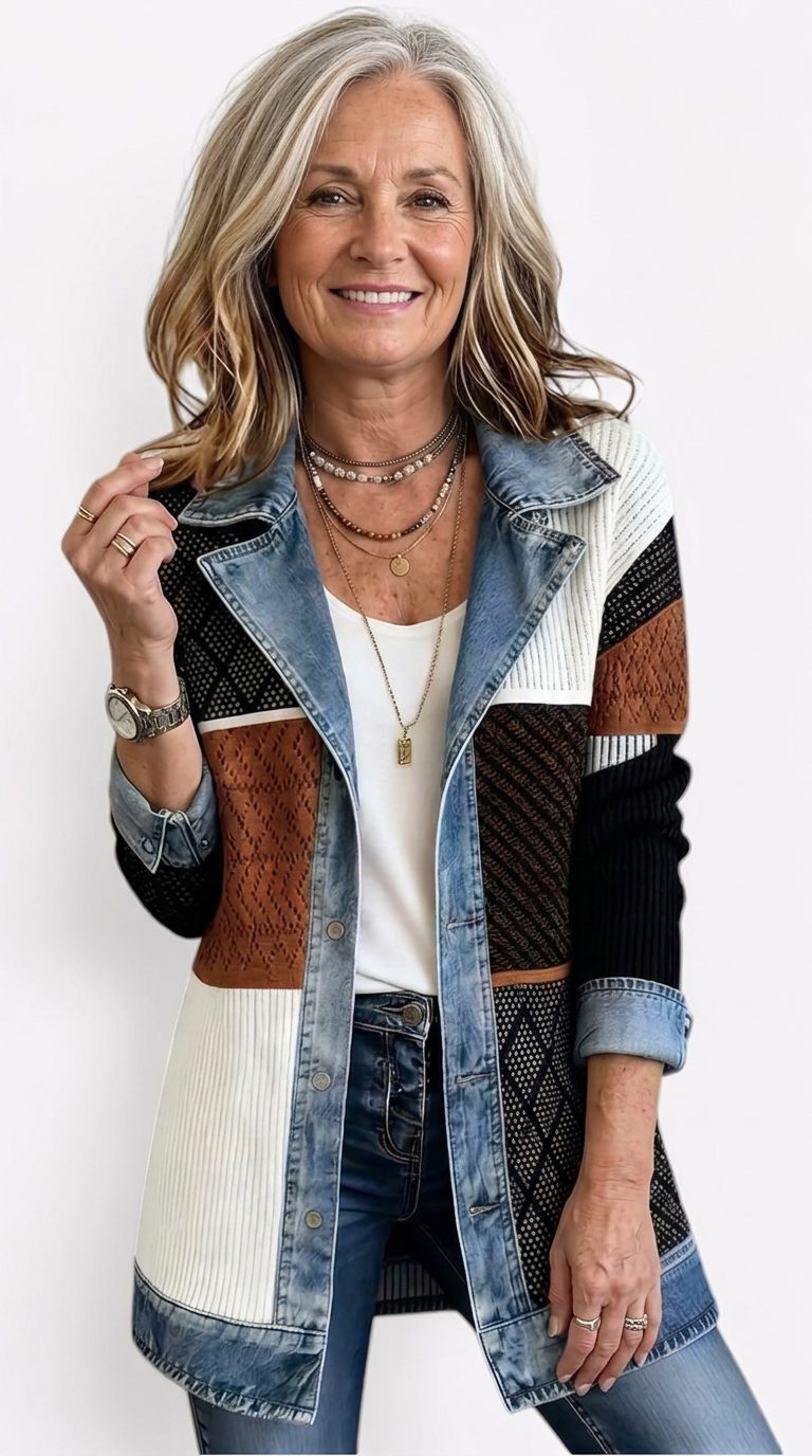 Raissa | Ribbed Knit Long Blazer with Denim Collar for Women