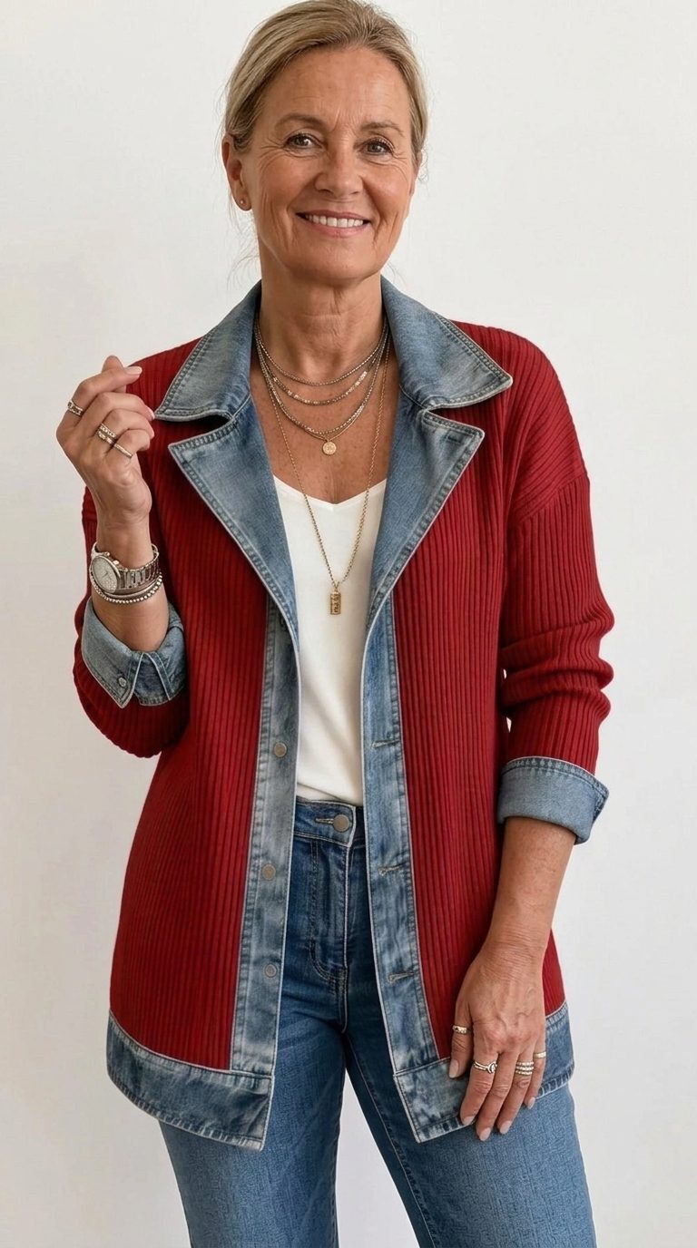 Raissa | Ribbed Knit Long Blazer with Denim Collar for Women