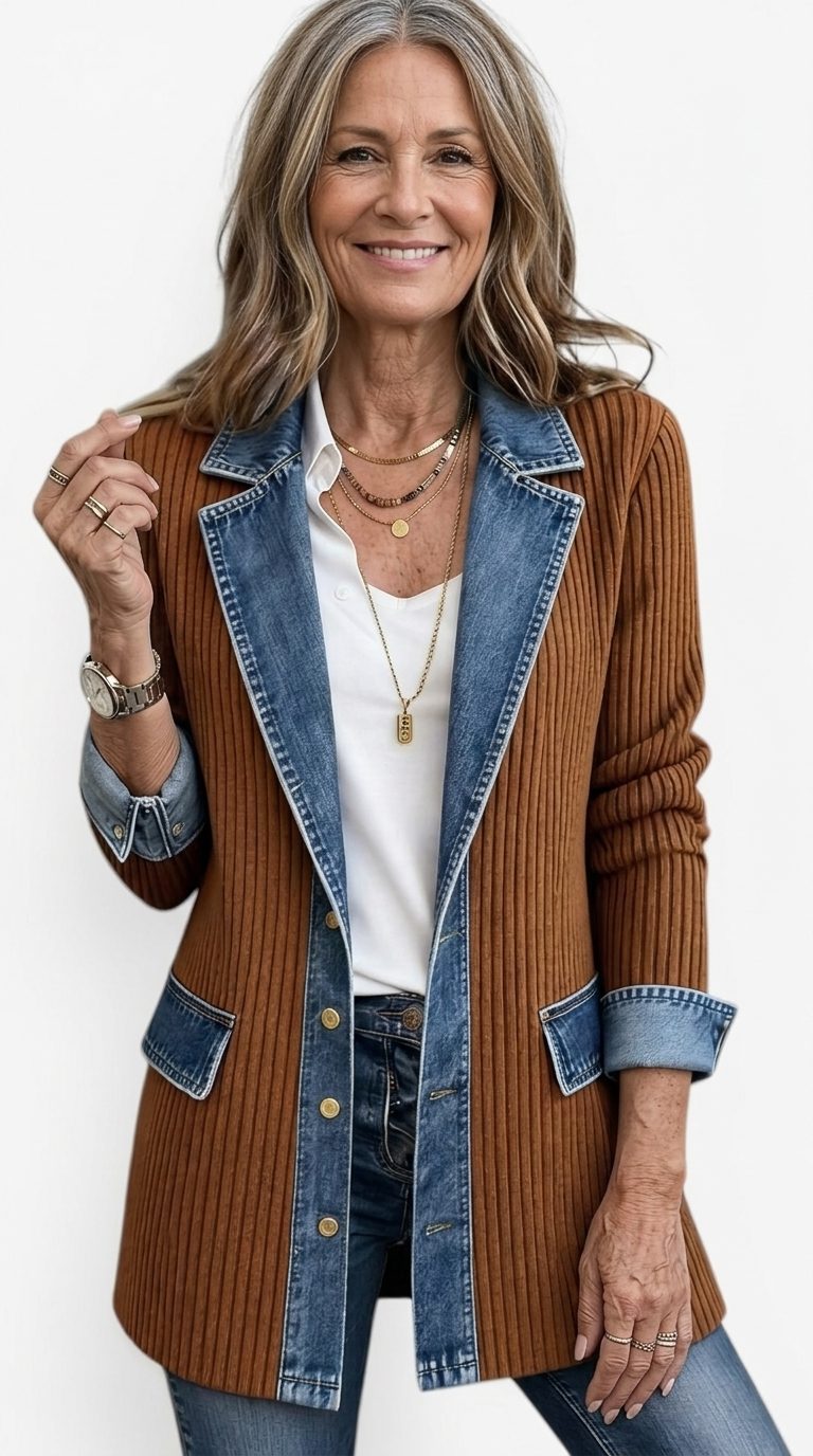 Raissa | Ribbed Knit Long Blazer with Denim Collar for Women