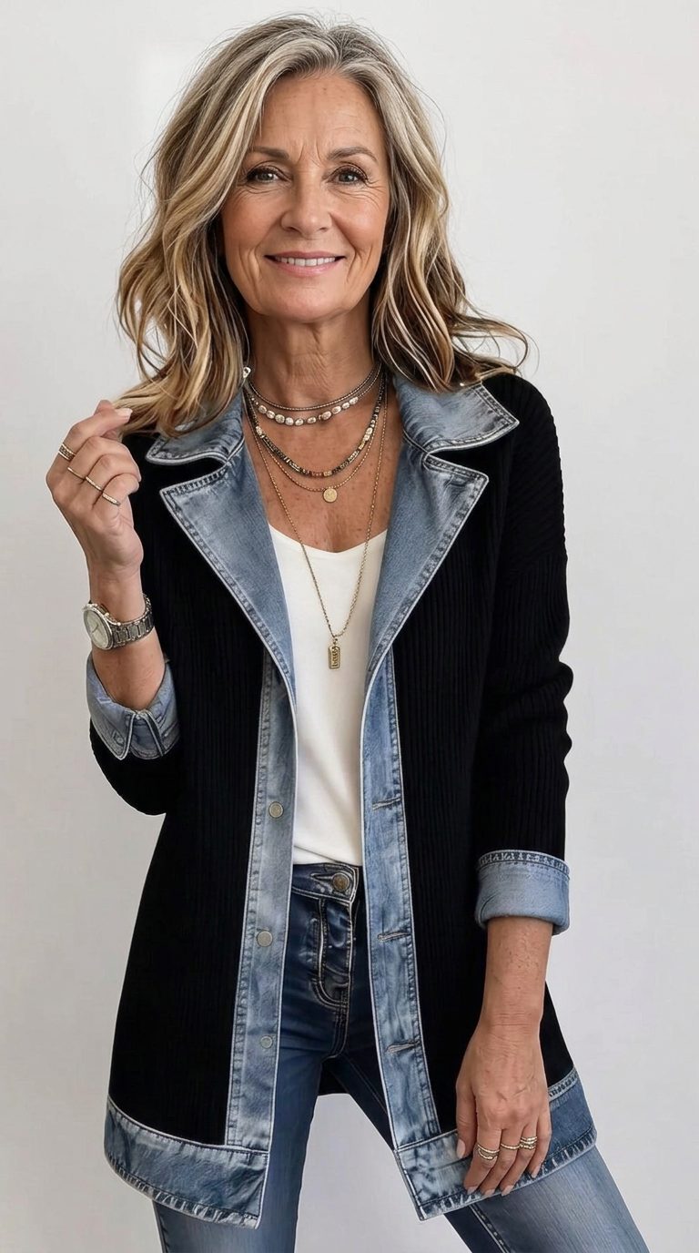 Raissa | Ribbed Knit Long Blazer with Denim Collar for Women