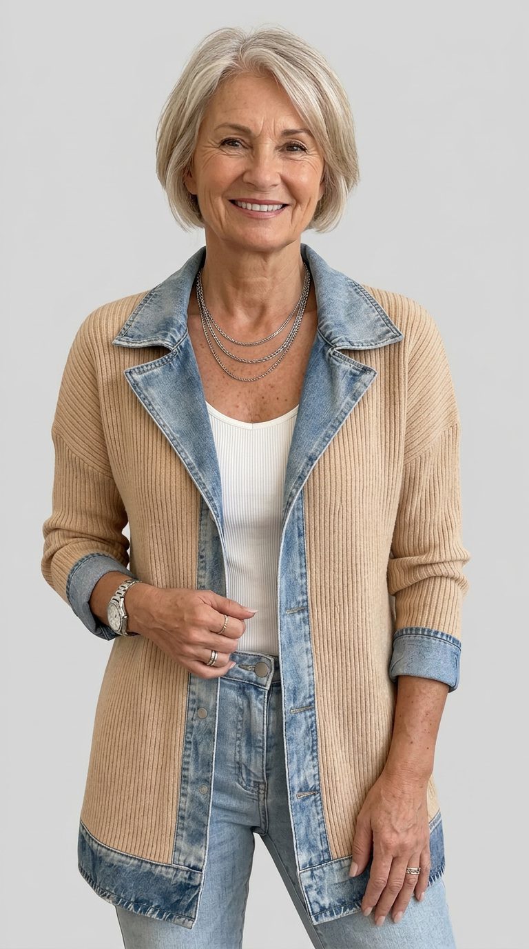 Raissa | Ribbed Knit Long Blazer with Denim Collar for Women