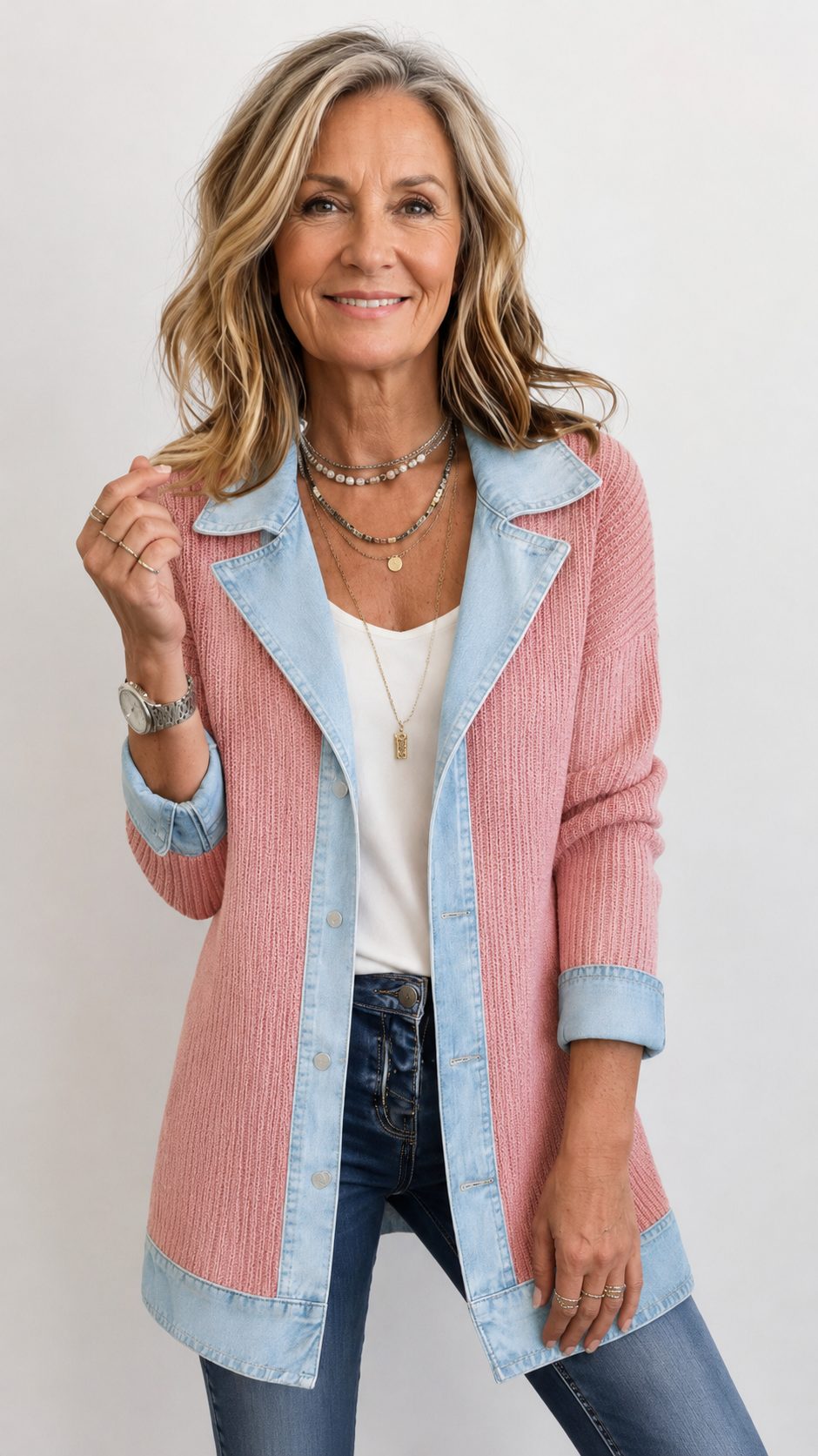 Raissa | Ribbed Knit Long Blazer with Denim Collar for Women