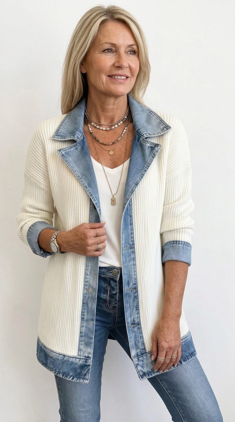 Raissa | Ribbed Knit Long Blazer with Denim Collar for Women