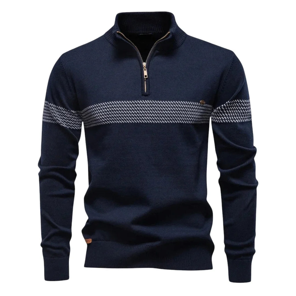 Women's striped knit stand collar half zip sweater