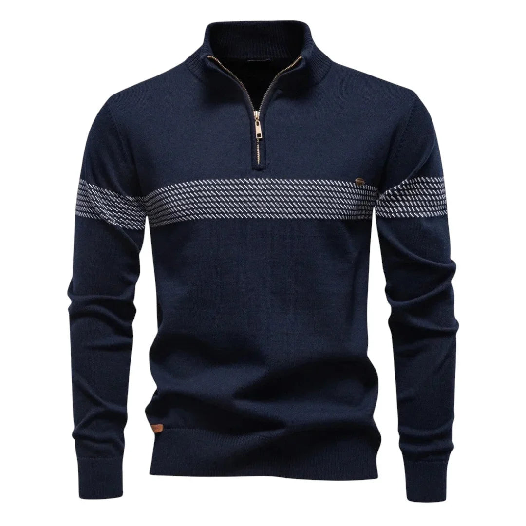 Women's striped knit stand collar half zip sweater
