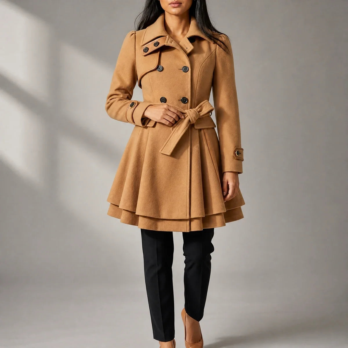 Lydia Belted Fit and Flare Wool Coat