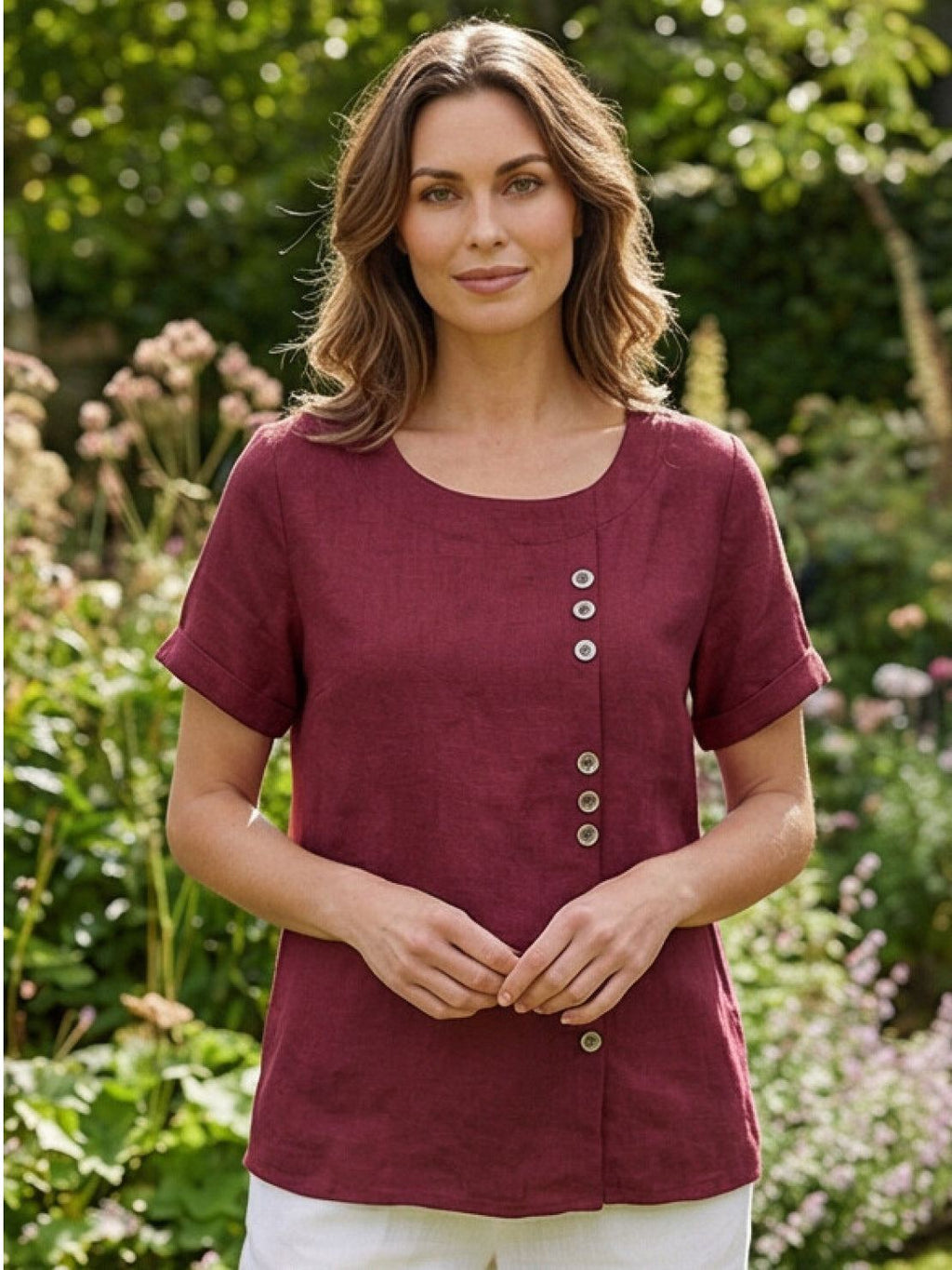 Grace | Women’s Linen Round Neck Button Blouse