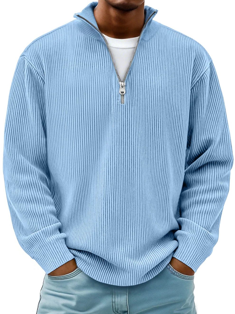 Ribbed Knit Half-Zip Pullover for Men