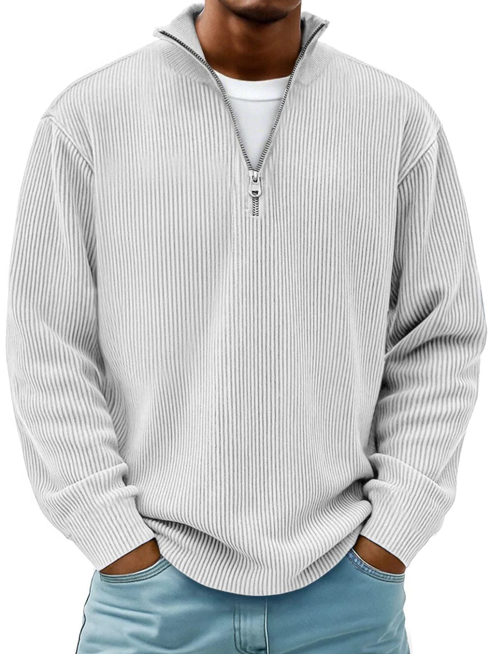Ribbed Knit Half-Zip Pullover for Men