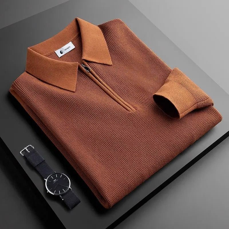 Ribbed Knit Quarter Zip Polo for Men