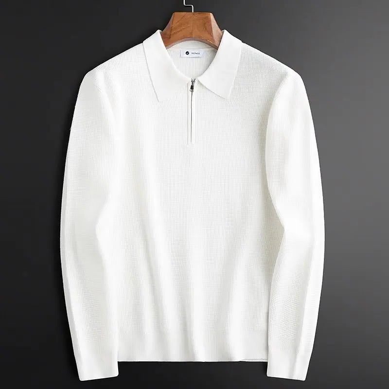 Ribbed Knit Quarter Zip Polo for Men