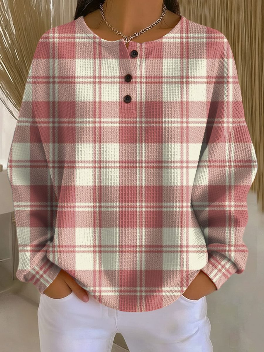 Rikke | Plaid Waffle Knit Sweater with Buttons for Women