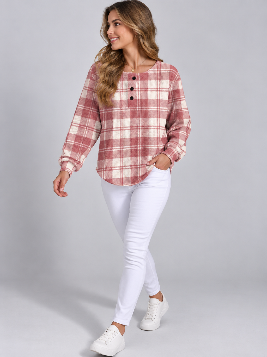 Rikke | Plaid Waffle Knit Sweater with Buttons for Women
