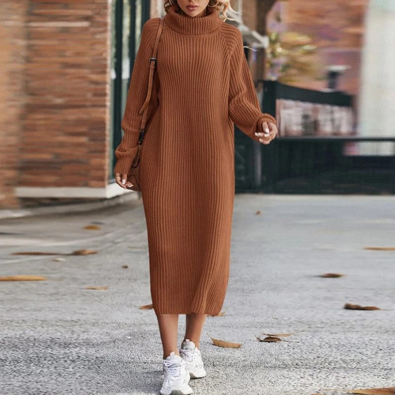 Rina | Ribbed Knit Midi Dress with Roll Neck for Women