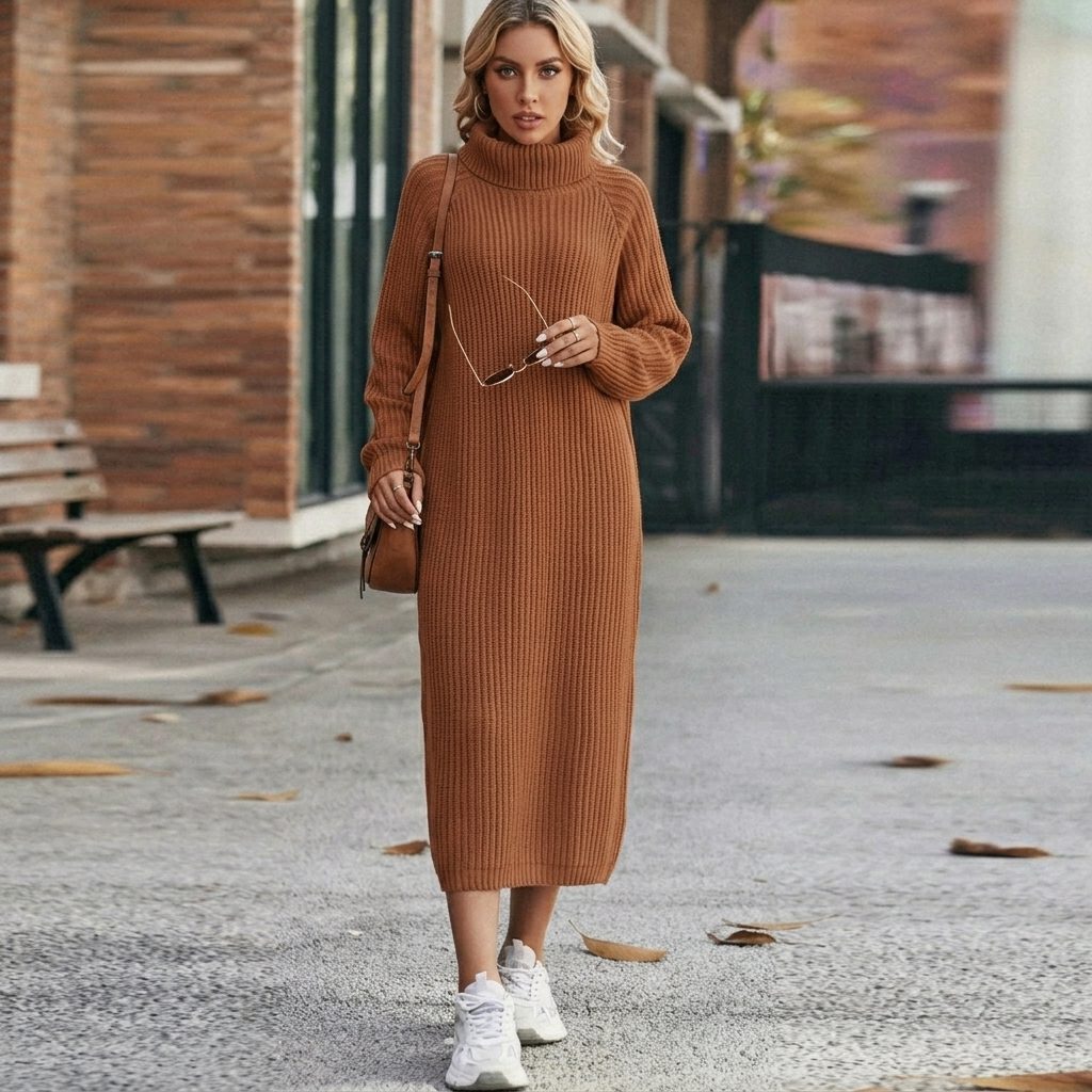 Rina | Ribbed Knit Midi Dress with Roll Neck for Women