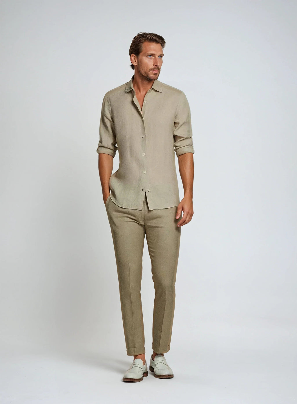Rolled Sleeve Linen Button-Down Shirt for Men