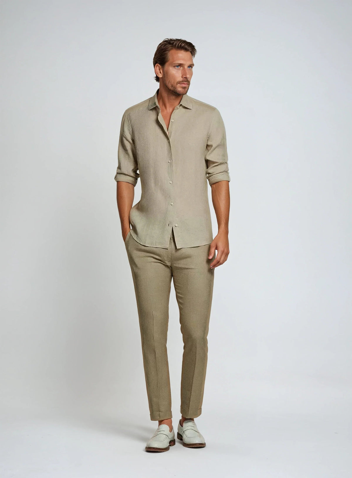 Rolled Sleeve Linen Button-Down Shirt for Men