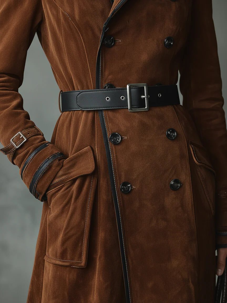 Rosa | Suede Double-Breasted Long Coat with Lapel Collar for Women
