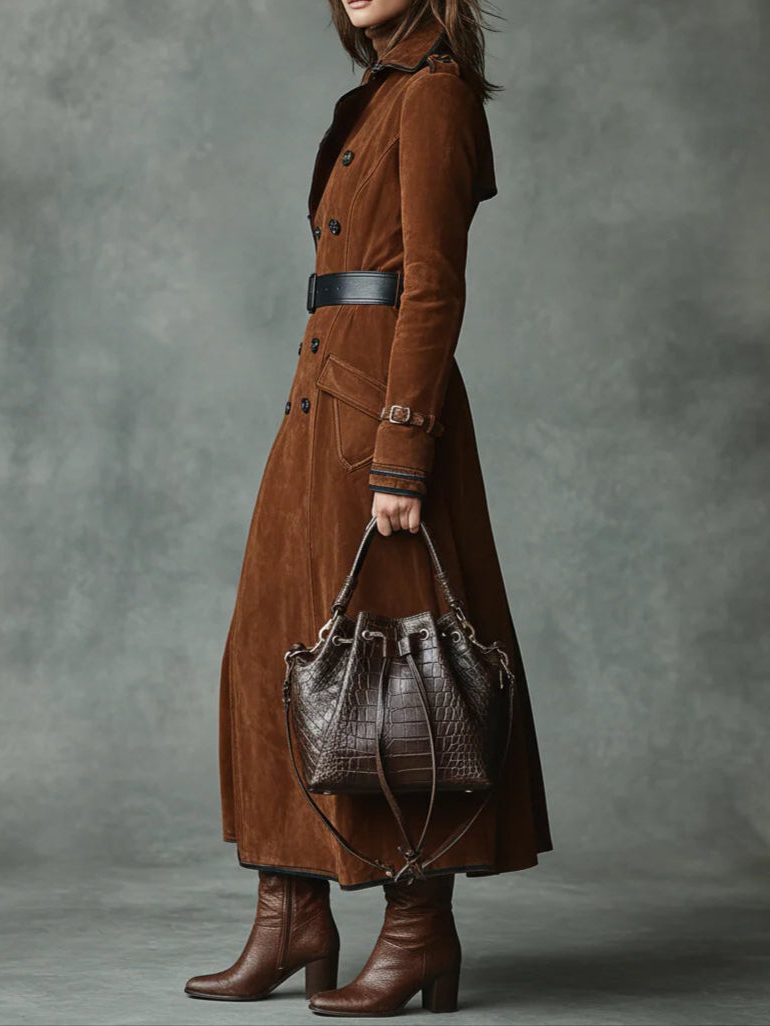 Rosa | Suede Double-Breasted Long Coat with Lapel Collar for Women