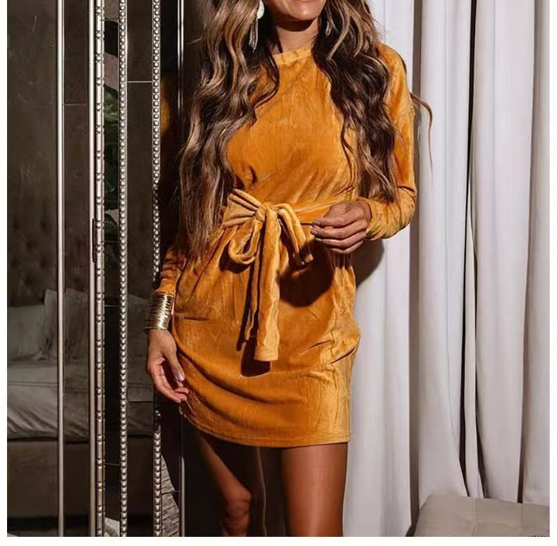 Roselle | Velvet Mini Dress with Waist Belt and Long Sleeves for Women
