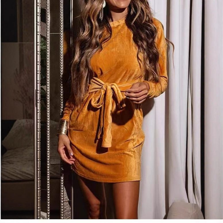 Roselle | Velvet Mini Dress with Waist Belt and Long Sleeves for Women