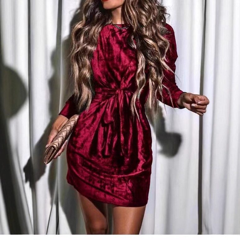 Roselle | Velvet Mini Dress with Waist Belt and Long Sleeves for Women