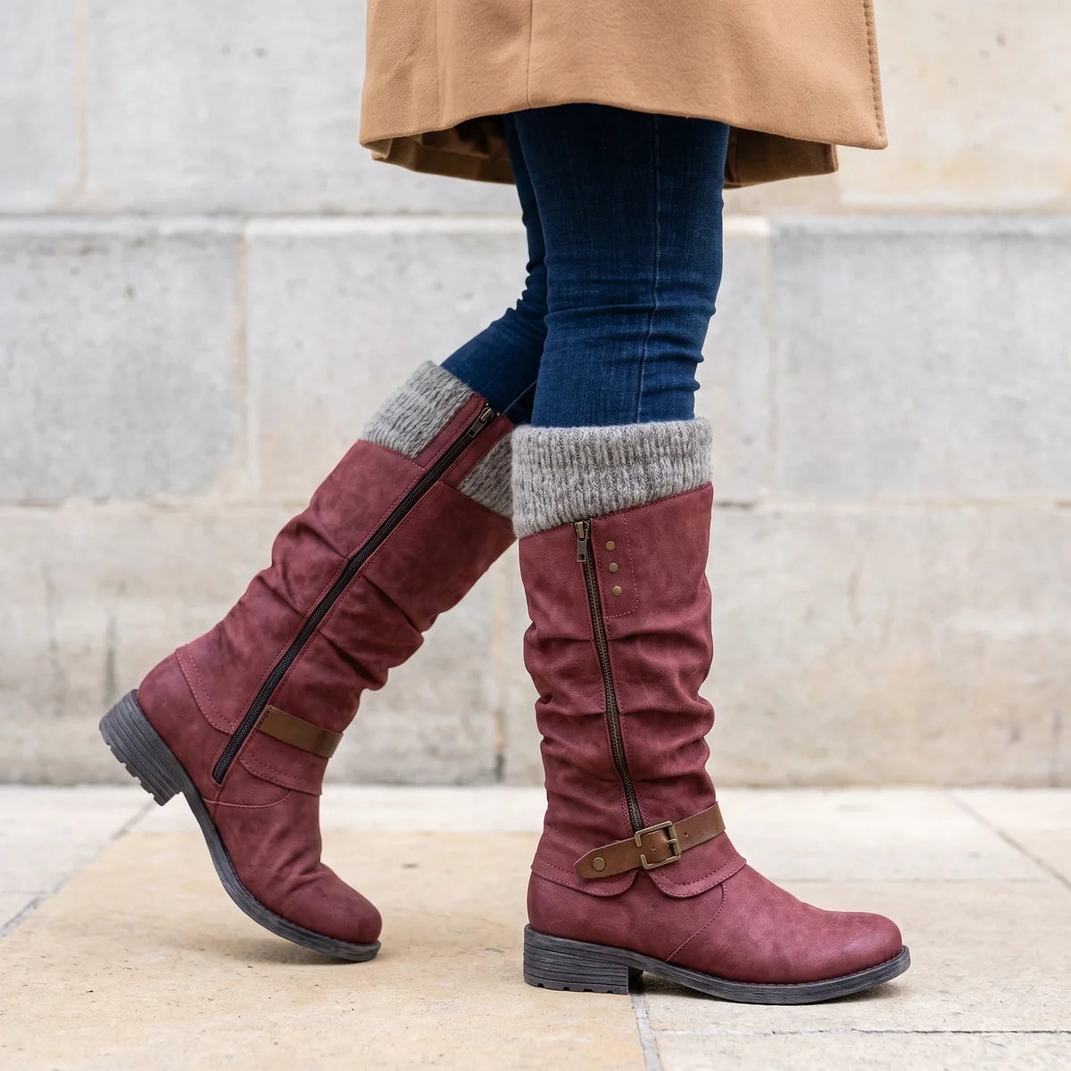 Roxanne Knit Cuff Buckle Knee High Boots