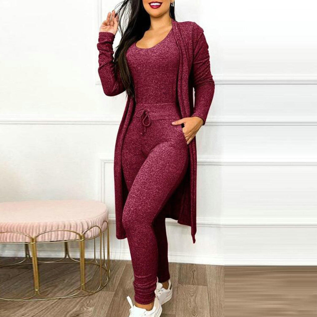 Women's Scoop Neck Jumpsuit with Long Cardigan Set
