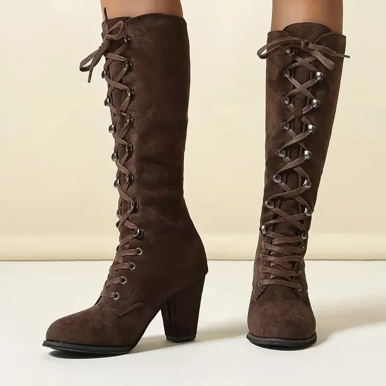 Sabella | Lace-Up Block Heel Knee High Boots for Women