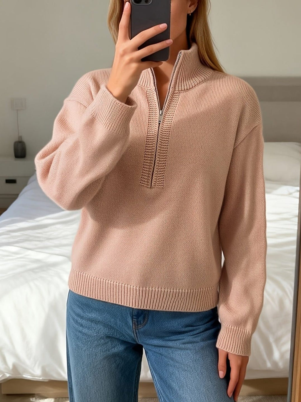 Sabella | Ribbed Knit Oversized Sweater with Stand Collar and Long Sleeves for Women