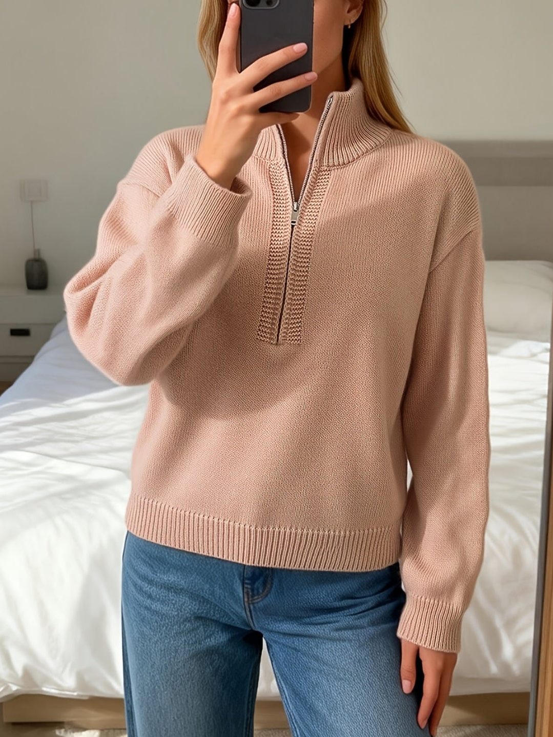 Sabella | Ribbed Knit Oversized Sweater with Stand Collar and Long Sleeves for Women