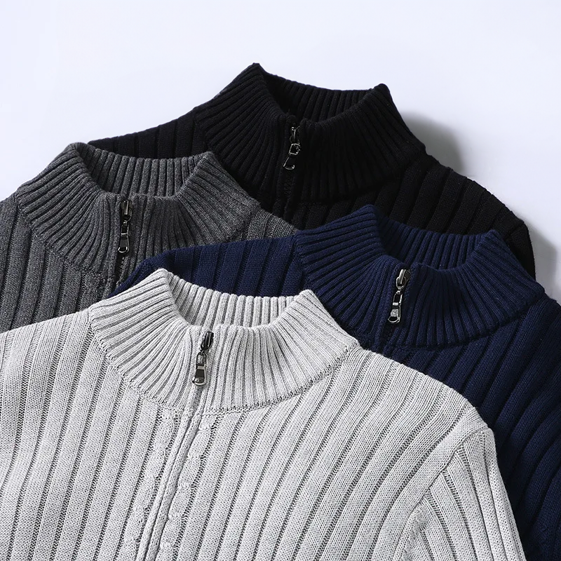 Men's Ribbed Zip Cardigan, Mock Collar, Long Sleeves