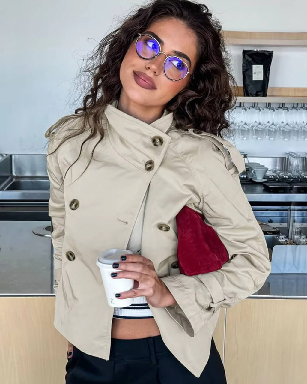 Women's Cropped Trench Coat with Double-Breasted Front