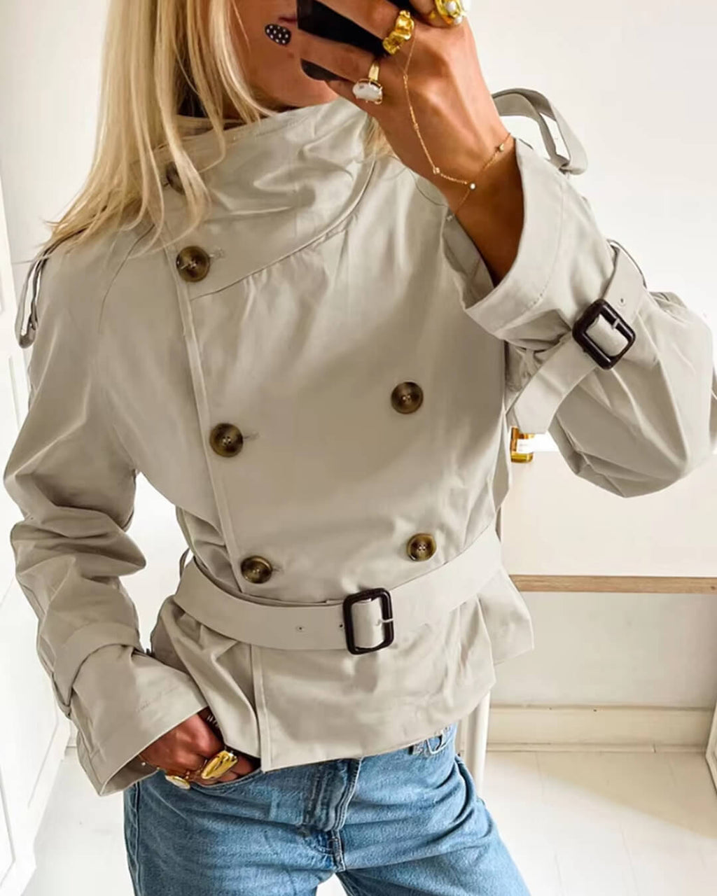 Women's Cropped Trench Coat with Double-Breasted Front