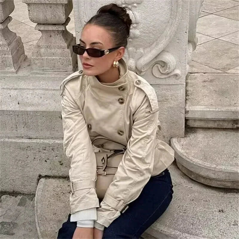Women's Cropped Trench Coat with Double-Breasted Front
