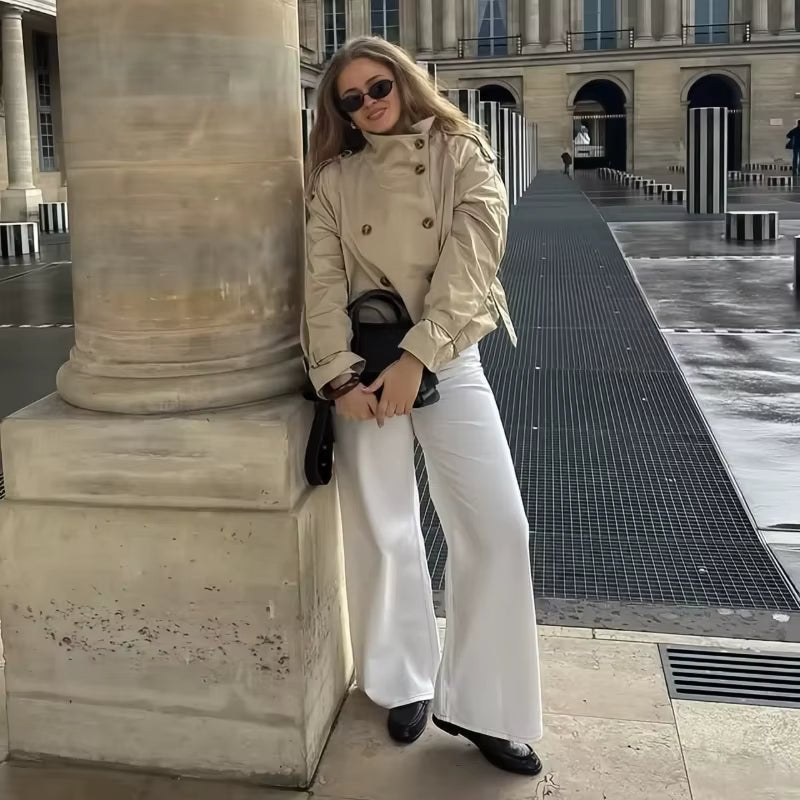 Women's Cropped Trench Coat with Double-Breasted Front