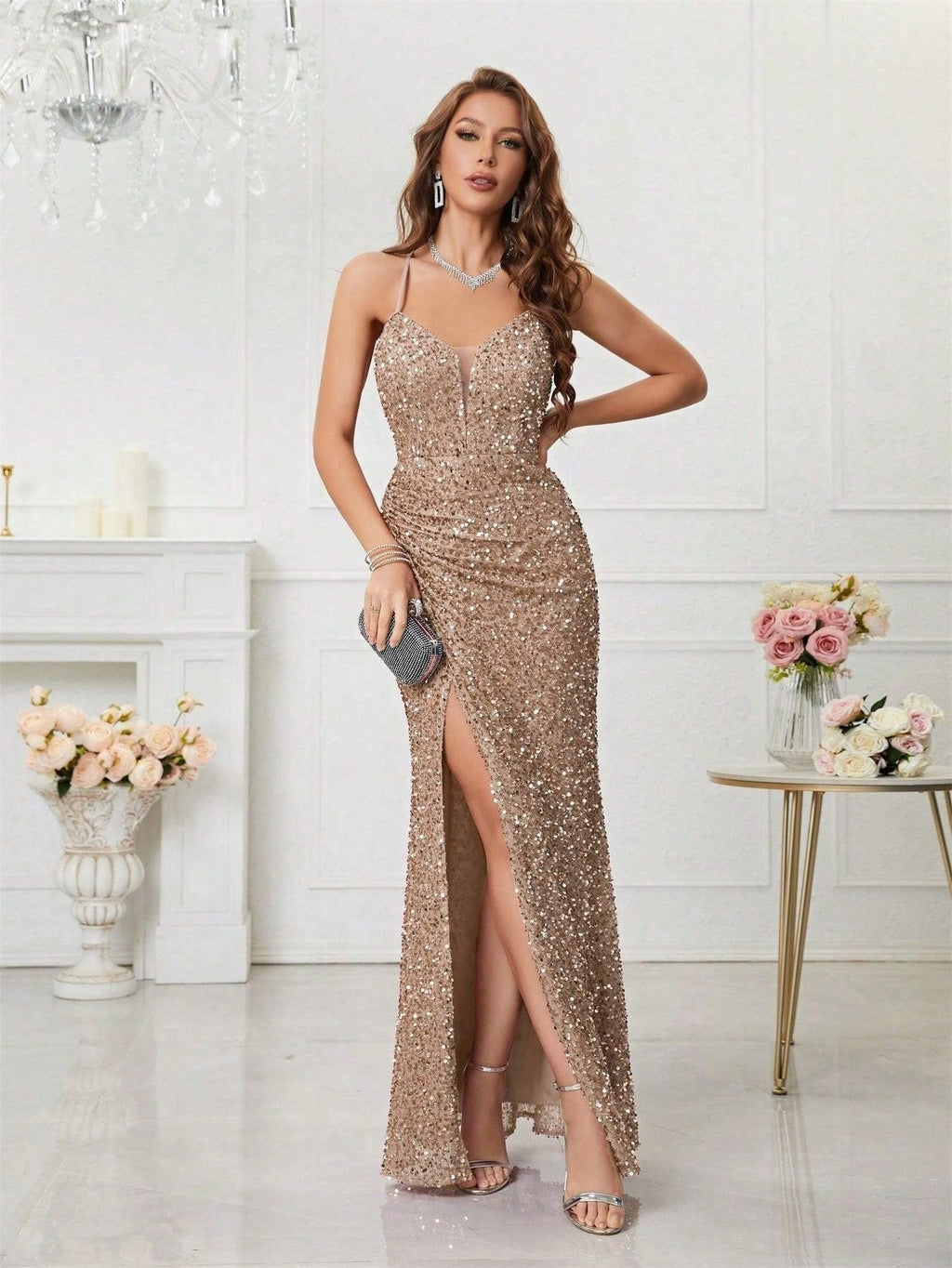Yvette | Sequin Maxi Dress with V-Neck and Leg Split for Women