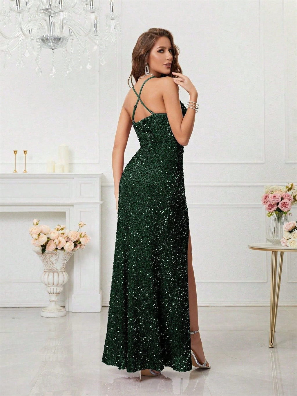 Yvette | Sequin Maxi Dress with V-Neck and Leg Split for Women