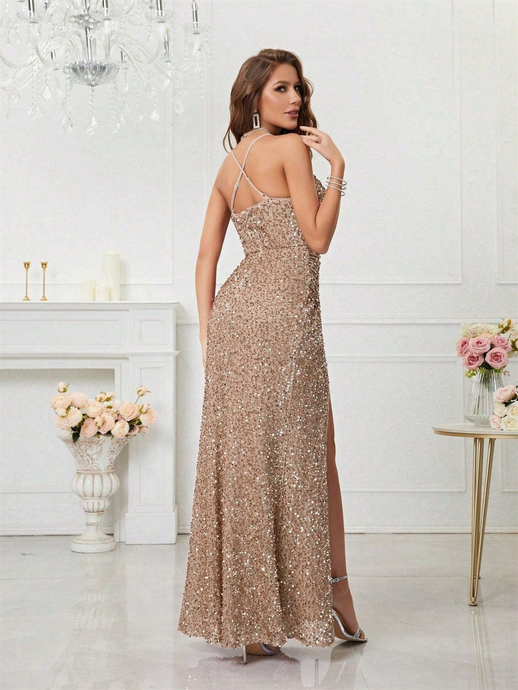 Yvette | Sequin Maxi Dress with V-Neck and Leg Split for Women