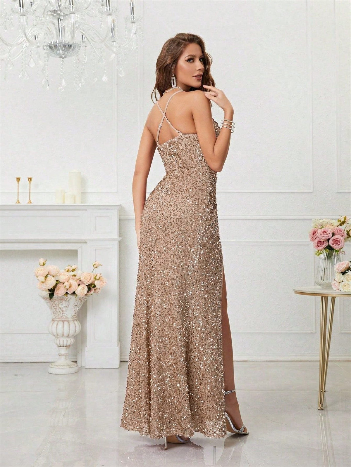 Yvette | Sequin Maxi Dress with V-Neck and Leg Split for Women