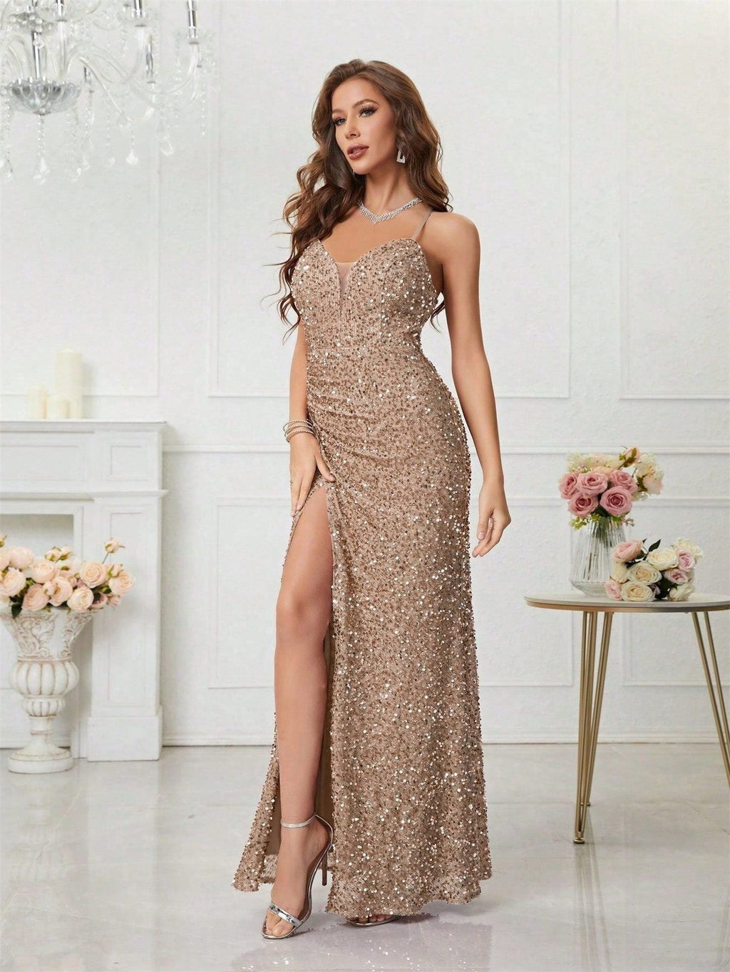 Yvette | Sequin Maxi Dress with V-Neck and Leg Split for Women