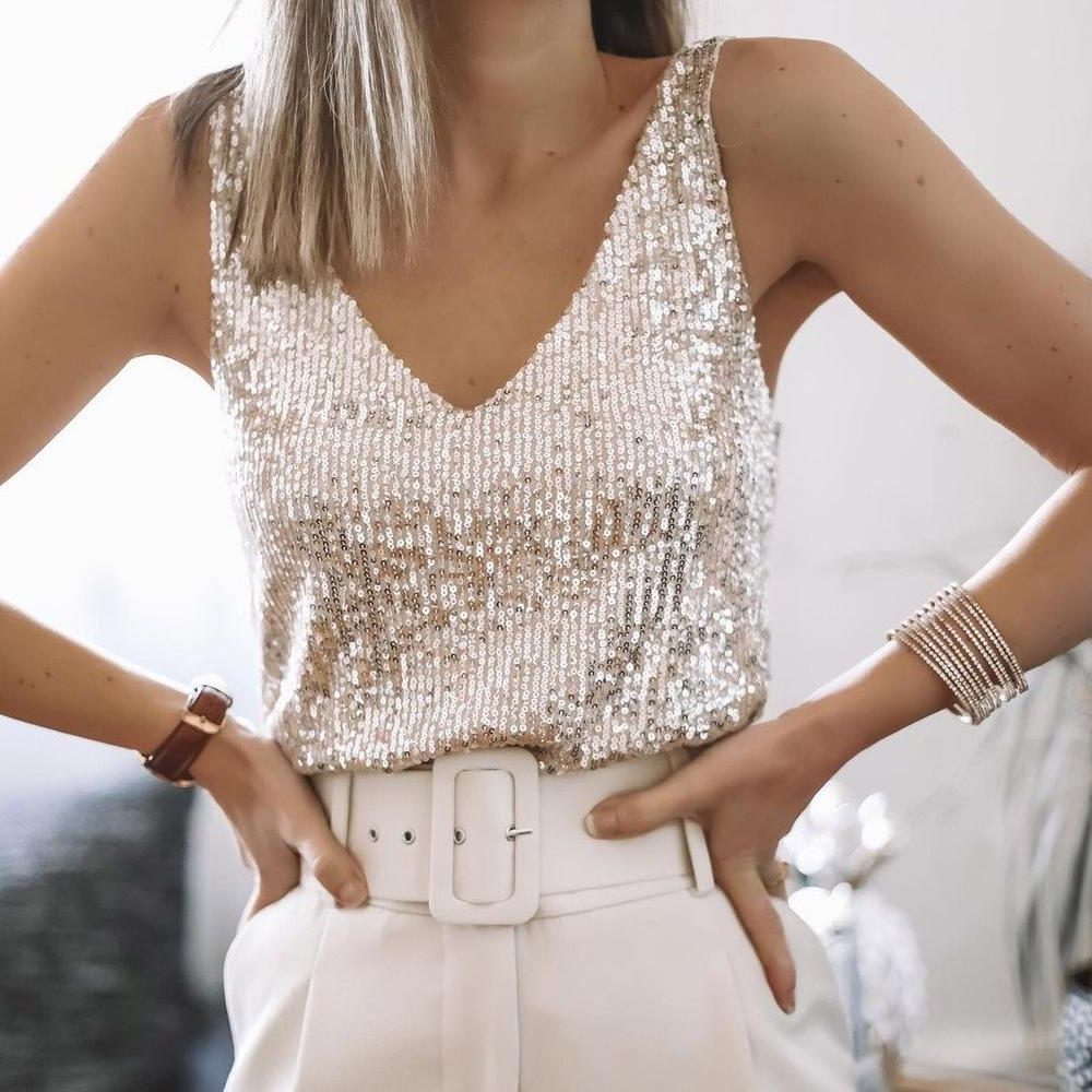 Kassandra | Sequin Spaghetti Strap Top with V-Neck for Women