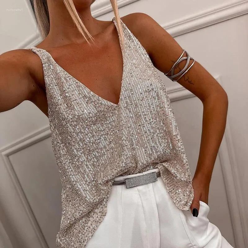 Kassandra | Sequin Spaghetti Strap Top with V-Neck for Women