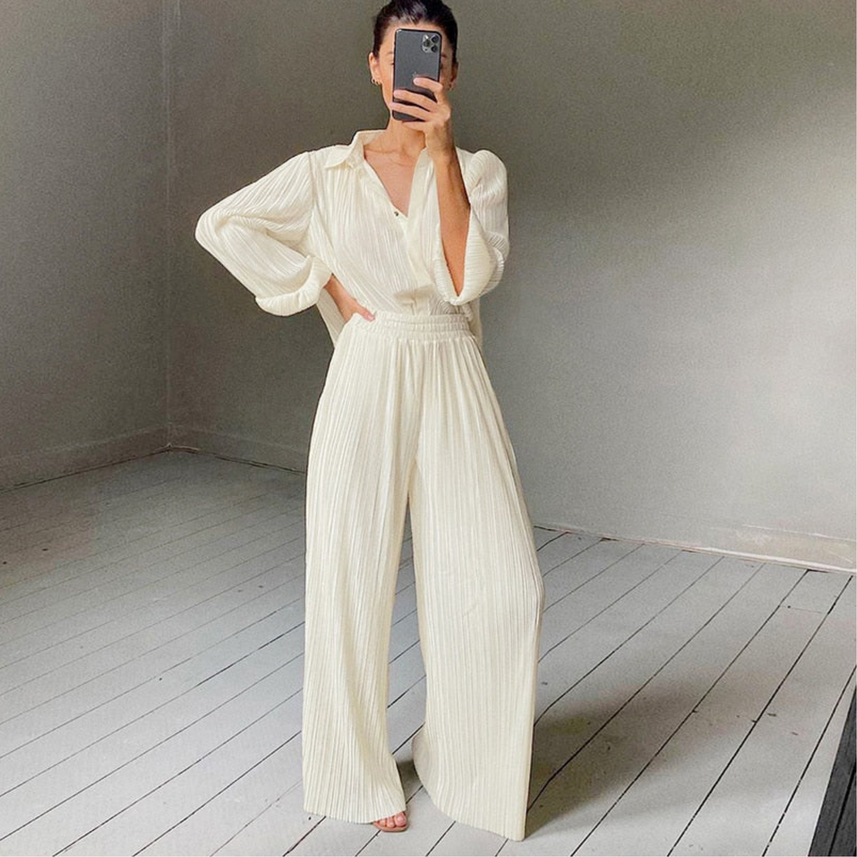 Women's Collared Button-Front Lounge Set with Wide Leg Pants