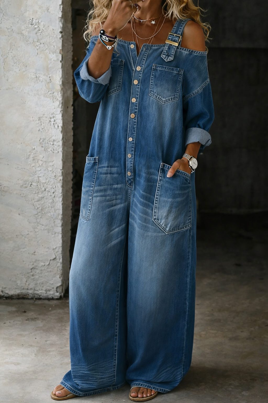 Severine | Cold-Shoulder Denim Jumpsuit with Button-Down Front for Women
