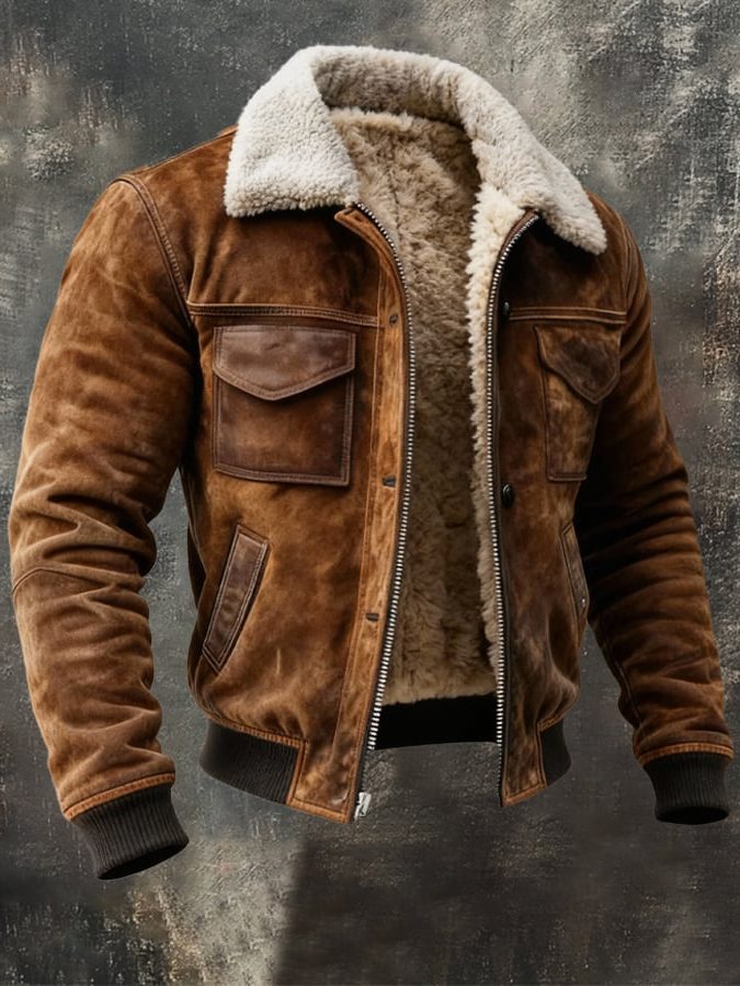Sherpa-Lined Faux Suede Bomber Jacket for Men